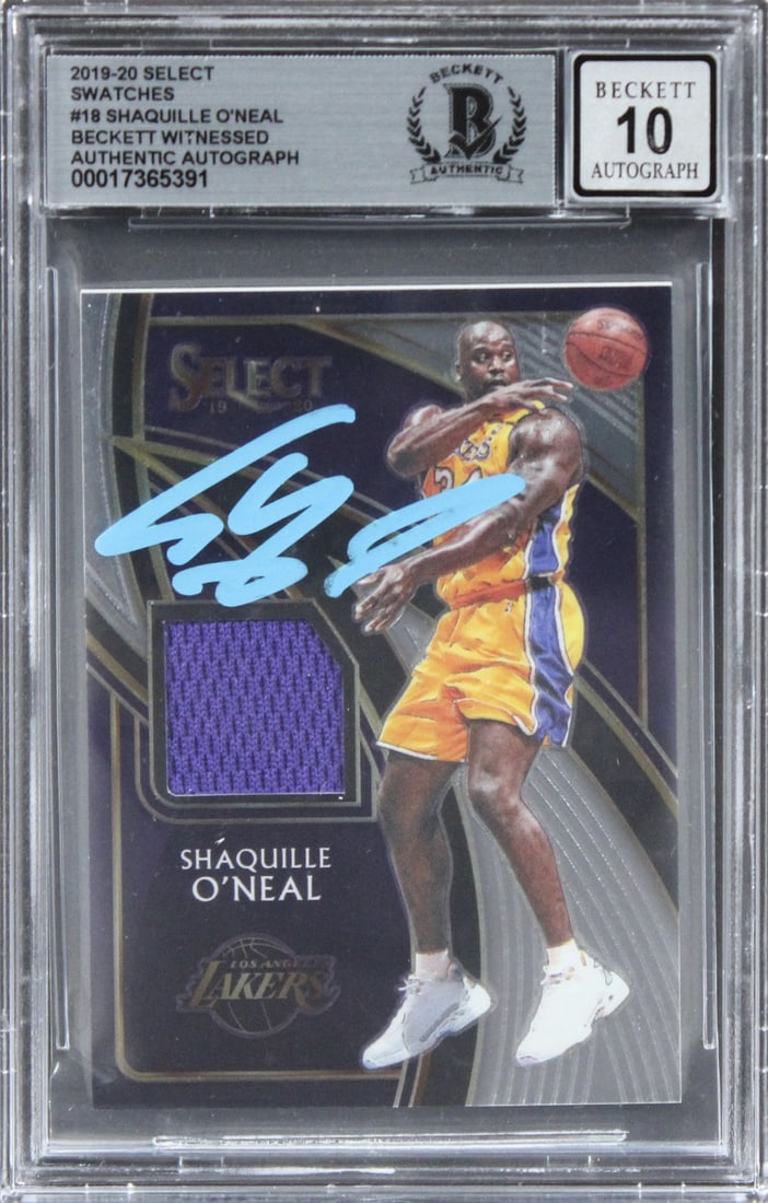 Shaquille O'Neal Signed 2019 Select Swatches #18 Gem Mint 10 BAS Slab: Shaquille O'Neal Signed 2019 Select Swatches #18 Gem Mint 10 BAS Slab This is a 2019 Select Swatches #18 card featuring Shaquille O'Neal, personally signed by the legendary player of the Los Angeles L