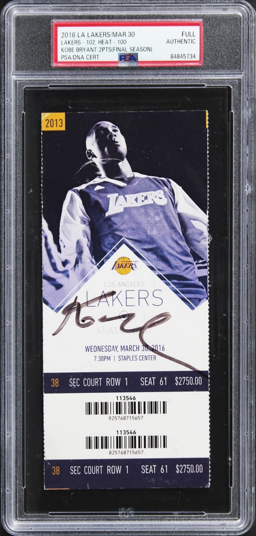 PSA Slabbed Kobe Bryant Signed Lakers Final Season Ticket Stub: PSA Slabbed Kobe Bryant Signed Lakers Final Season Ticket Stub This is an original full ticket stub from the March 30, 2016 Los Angeles Lakers vs. Miami Heat game, representing Kobe Bryant's final sea