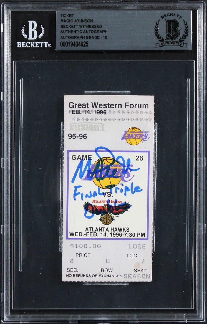February 1996 Ticket Stub Signed by Magic Johnson BAS Gem Mint 10: February 1996 Ticket Stub Signed by Magic Johnson BAS Gem Mint 10 This is an original ticket stub from the February 14, 1996, Hawks vs. Lakers game, personally signed by Magic Johnson. The ticket feat