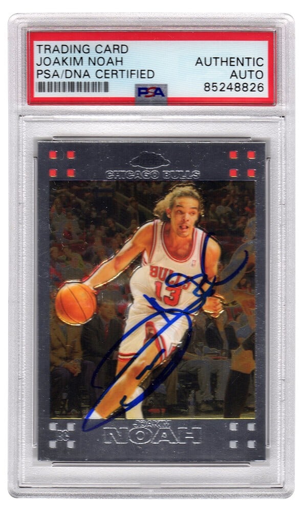 Joakim Noah Signed Bulls Topps Chrome Rookie Card PSA Slabbed #146: Joakim Noah Signed Bulls Topps Chrome Rookie Card PSA Slabbed #146 This is a Joakim Noah signed Chicago Bulls Topps Chrome rookie trading card #146, a must-have for basketball fans and collectors. The