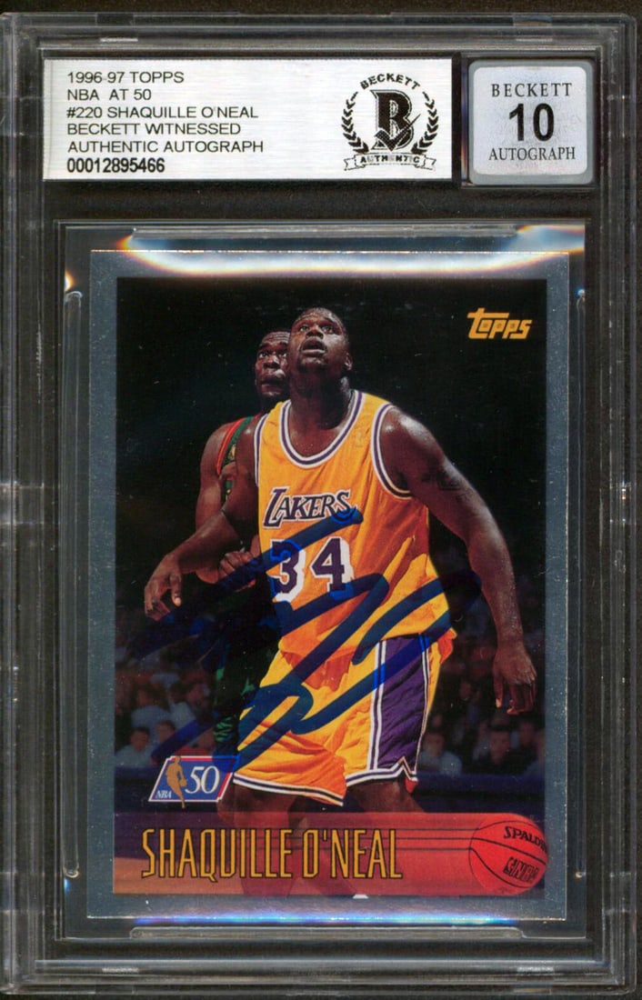 Shaquille O'Neal Autographed 1996 Topps NBA at 50 Card Gem Mint 10 Beckett: Shaquille O'Neal Autographed 1996 Topps NBA at 50 Card Gem Mint 10 Beckett This 1996 Topps NBA at 50 Foil #220 card is a remarkable collectible, personally signed by NBA legend Shaquille O'Neal. Grade
