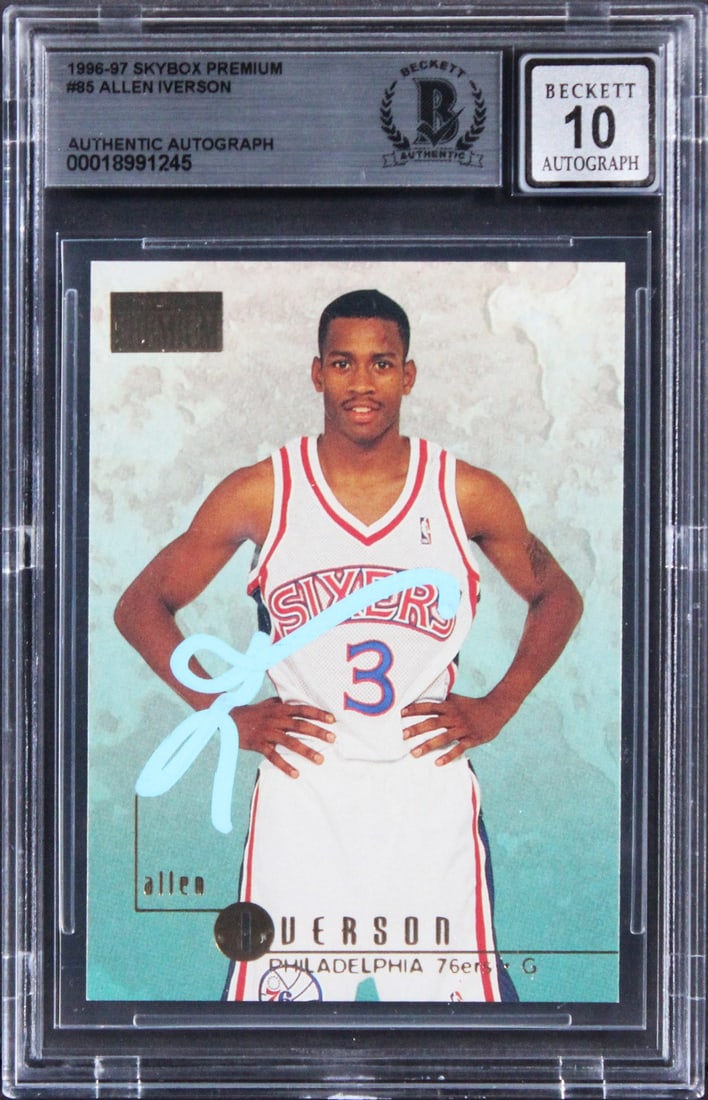 Allen Iverson Signed 1996 Skybox Premium Rookie Card Auto 10 Beckett: Allen Iverson Signed 1996 Skybox Premium Rookie Card Auto 10 Beckett This 1996 Skybox Premium #85 Rookie Card, featuring Allen Iverson of the Philadelphia 76ers, is graded Gem Mint 10 and has been per