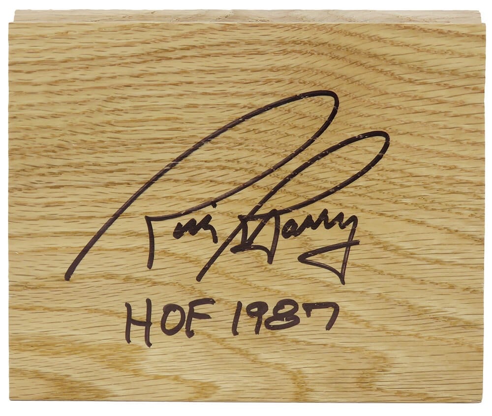 Rick Barry Signed 5x6 Wood Floor Piece HOF 87 with COA: Rick Barry Signed 5x6 Wood Floor Piece HOF 87 with COA This remarkable piece of sports memorabilia features a signed 5x6 wood floor piece by NBA legend Rick Barry, inscribed with 'HOF 87'. Celebrated 