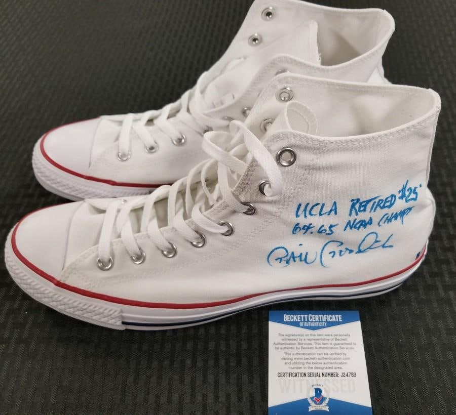 Gail Goodrich Autographed Converse Shoe With UCLA Retired 25 Inscription Beckett COA: Gail Goodrich Autographed Converse Shoe With UCLA Retired 25 Inscription Beckett COA This pair of Converse shoes is signed by Gail Goodrich and includes the inscription "UCLA Retired #25" along with a