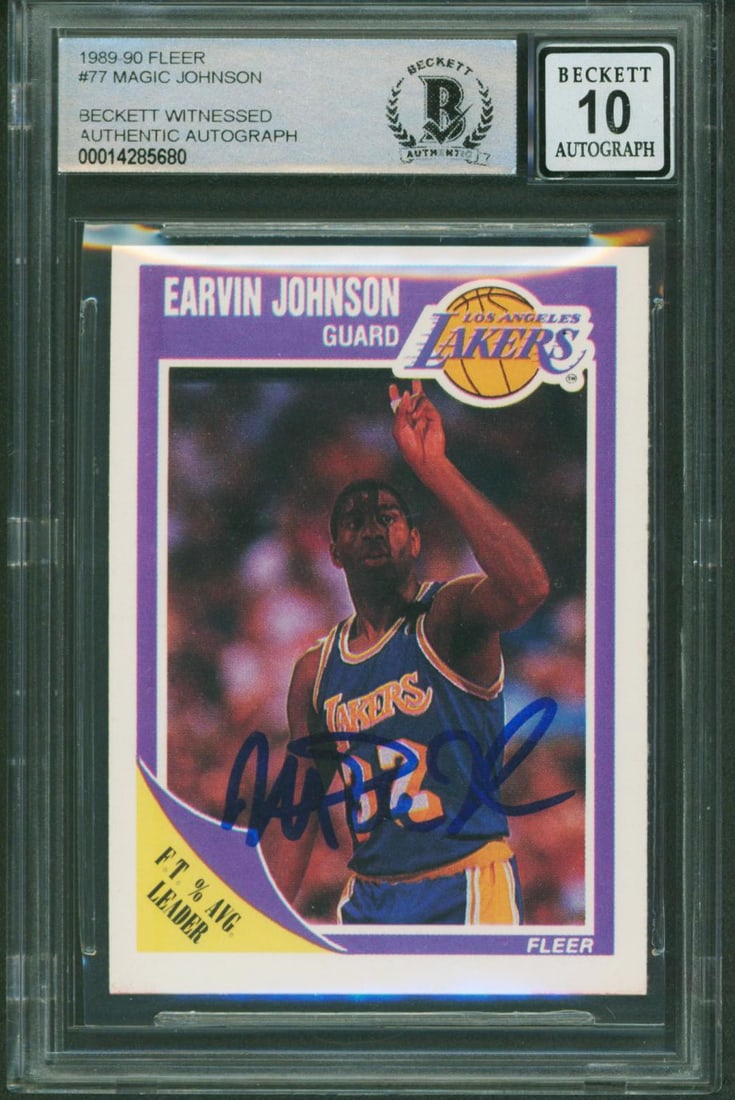 Magic Johnson 1989 Fleer #77 Autographed Lakers Card Beckett Slabbed: Magic Johnson 1989 Fleer #77 Autographed Lakers Card Beckett Slabbed This 1989 Fleer #77 basketball card features Magic Johnson of the Los Angeles Lakers and has been personally signed by him. The aut