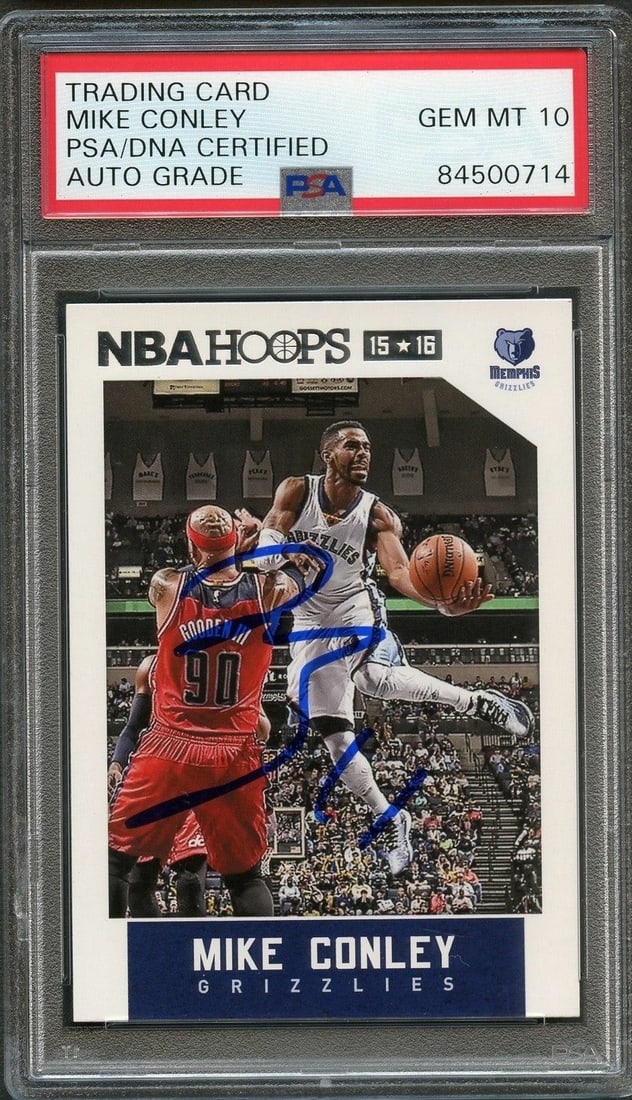 2015-16 NBA Hoops #254 Mike Conley Autographed Card PSA/DNA Grizzlies: 2015-16 NBA Hoops #254 Mike Conley Autographed Card PSA/DNA Grizzlies This is a 2015-16 NBA Hoops #254 trading card featuring a bold autograph from Mike Conley, a prominent player for the Memphis Griz