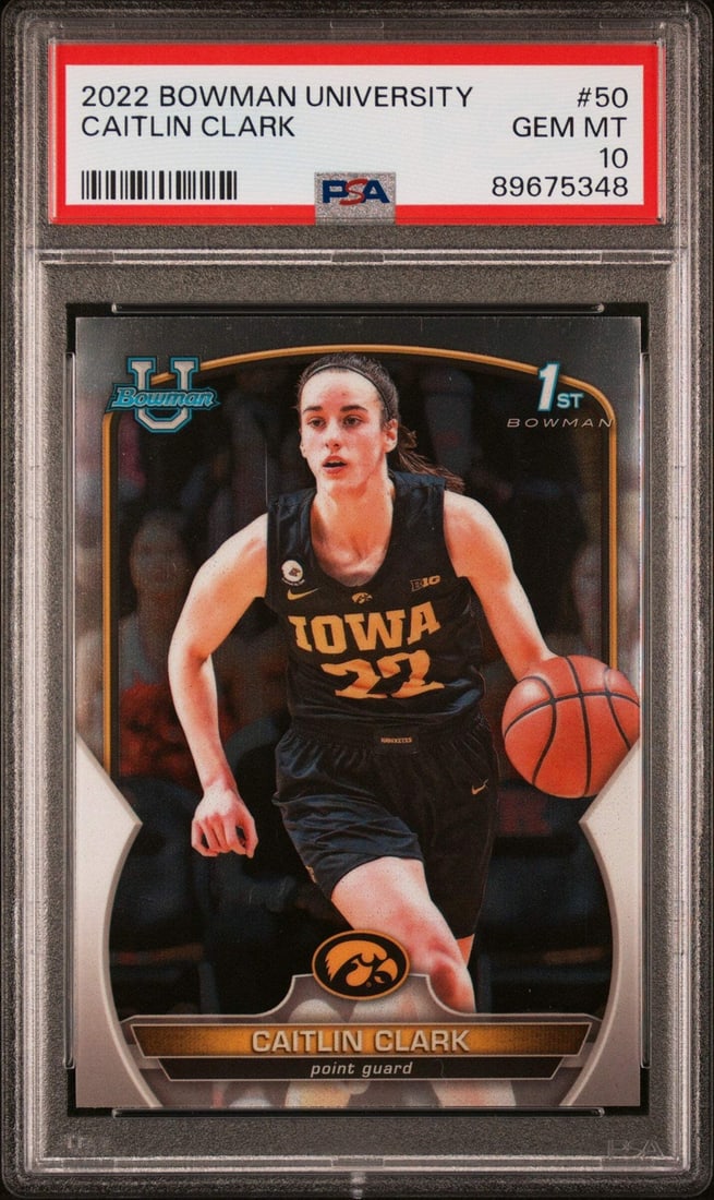 2022 Bowman University Caitlin Clark #50 Rookie Basketball Card PSA 10: 2022 Bowman University Caitlin Clark #50 Rookie Basketball Card PSA 10 This 2022 Bowman University Caitlin Clark #50 Rookie RC Basketball Card is a must-have for collectors and fans alike. Graded a pe