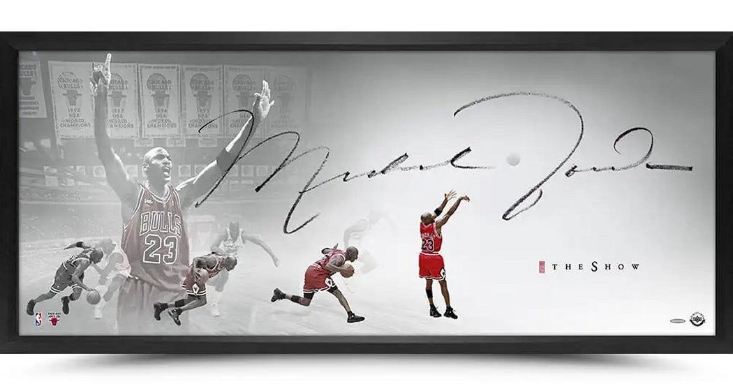 Michael Jordan Autographed 20x46 Framed Photo The Last Shot Upper Deck Authenticated: Michael Jordan Autographed 20x46 Framed Photo The Last Shot Upper Deck Authenticated Celebrate one of basketball's most iconic moments with this Michael Jordan Signed Autographed 20X46 Framed Photo ti