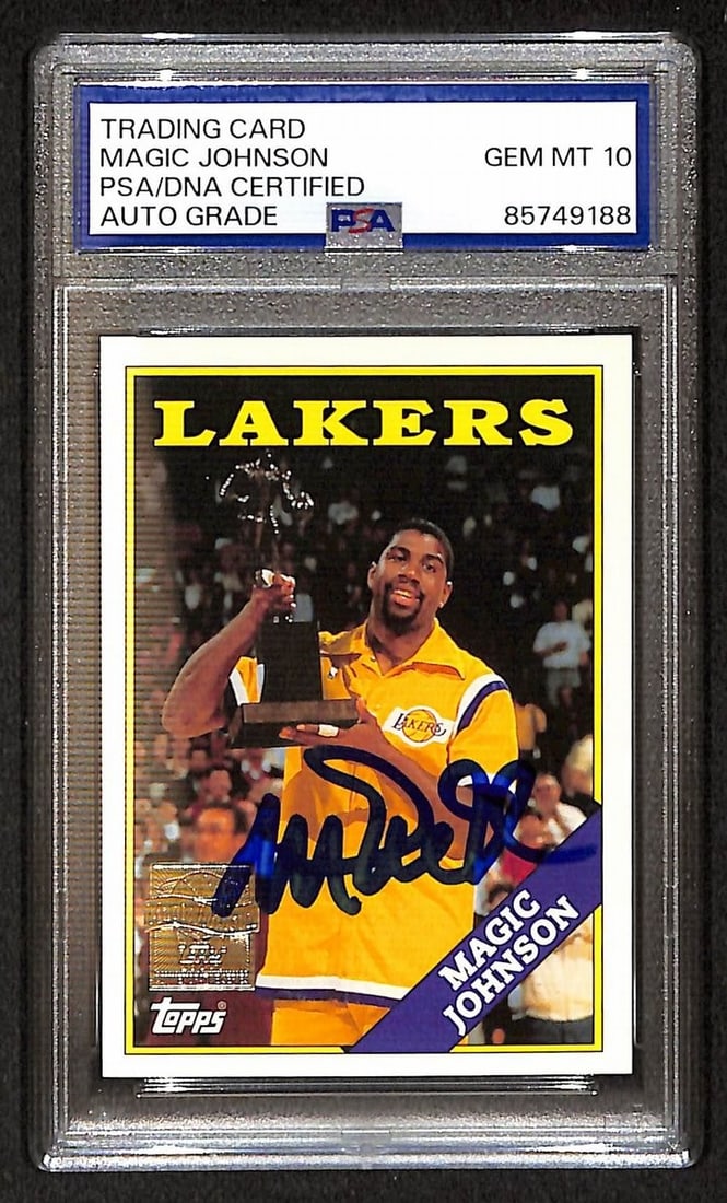 Magic Johnson PSA/DNA 10 2000-01 Topps Autograph Basketball Card MJ6: Magic Johnson PSA/DNA 10 2000-01 Topps Autograph Basketball Card MJ6 This is an original 2000-01 Topps basketball card featuring Magic Johnson, card number MJ6. The card has been signed by Magic Johns