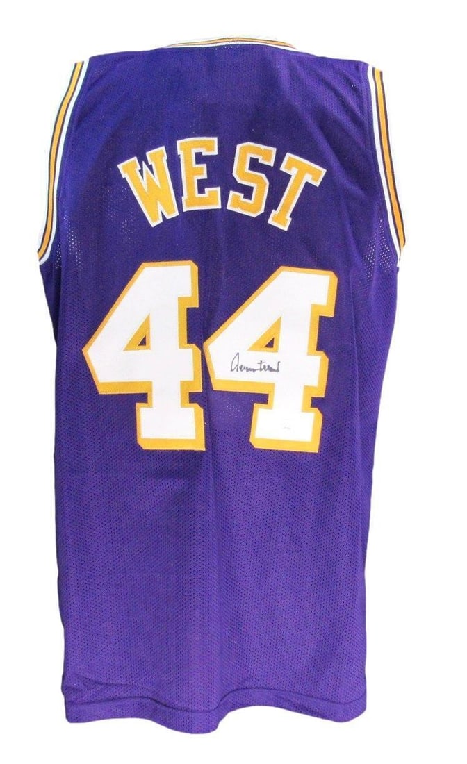 Jerry West Signed Purple Lakers Basketball Jersey JSA Authenticated: Jerry West Signed Purple Lakers Basketball Jersey JSA Authenticated This Jerry West autographed purple custom basketball jersey represents the Los Angeles Lakers. The jersey features Jerry West's sign