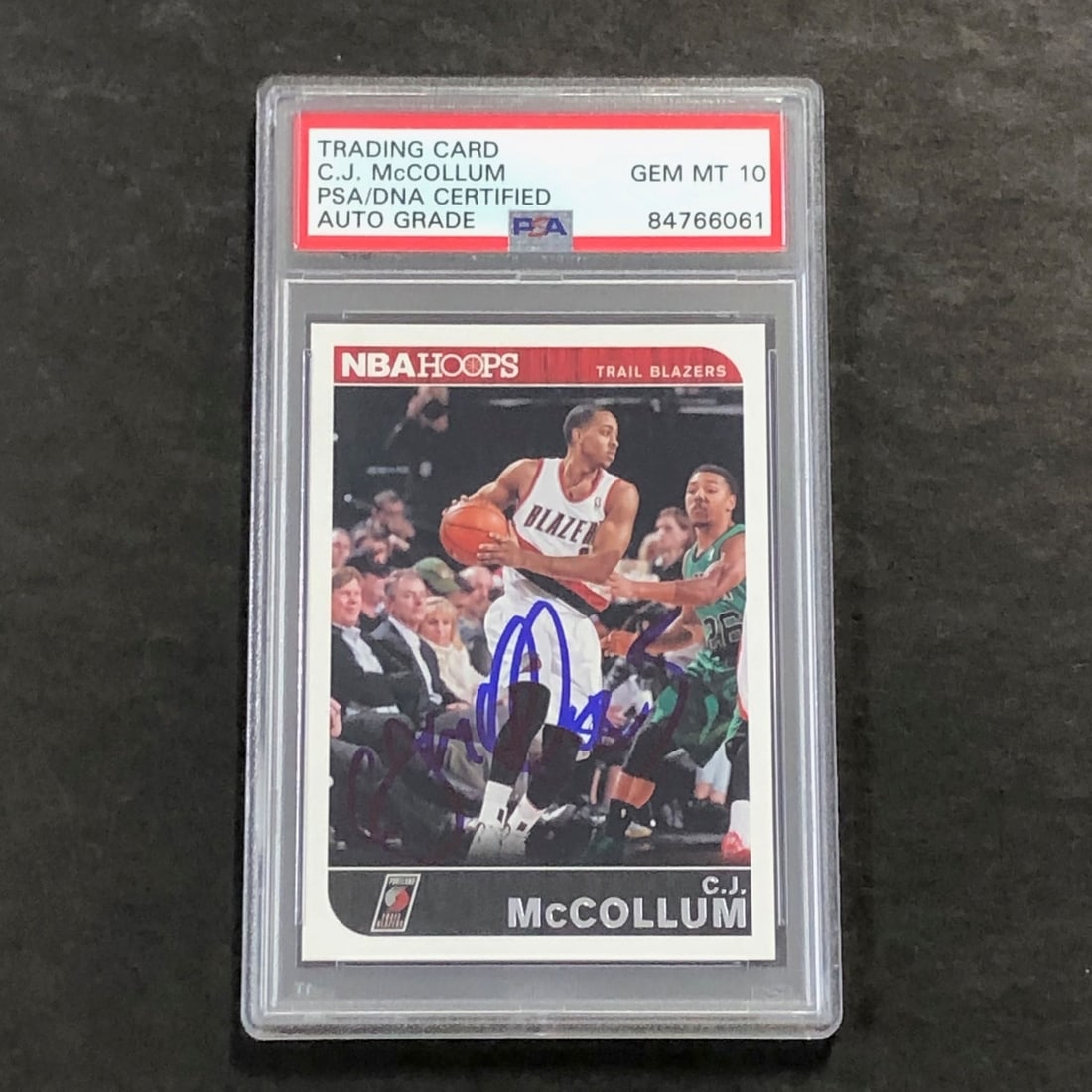 CJ McCollum 2014-15 Panini Hoops Rookie Auto PSA DNA #66: CJ McCollum 2014-15 Panini Hoops Rookie Auto PSA DNA #66 This is a 2014-15 Panini NBA Hoops #66 CJ McCollum rookie card featuring an authenticated autograph. The card has been encapsulated and graded 