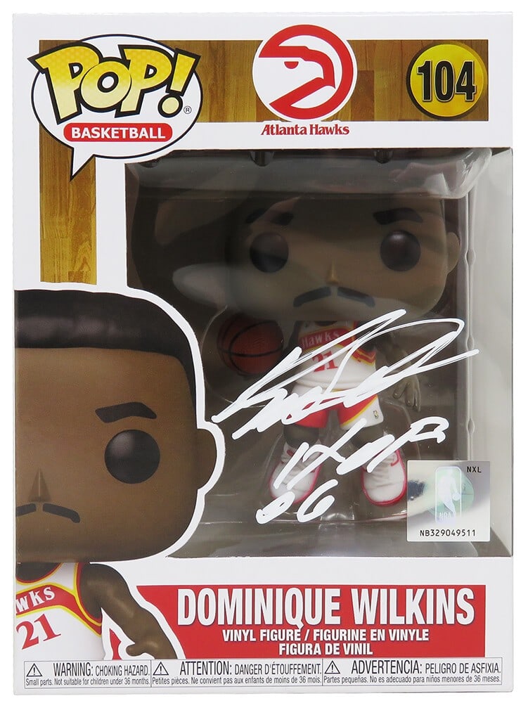 Dominique Wilkins Signed Funko Pop Doll #104 HOF 06 with COA: Dominique Wilkins Signed Funko Pop Doll #104 HOF 06 with COA Celebrate the legacy of basketball legend Dominique Wilkins with this signed Atlanta Hawks NBA Funko Pop Doll #104. The collectible feature