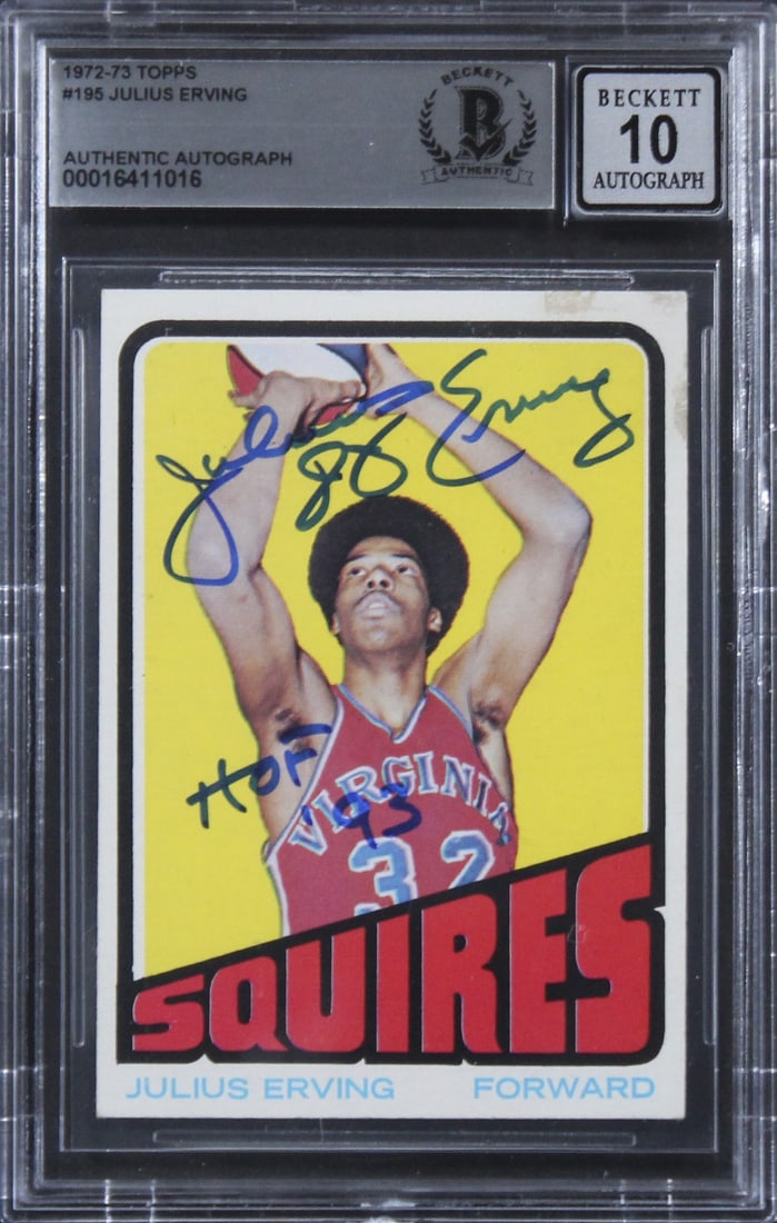 Julius Erving 1972 Topps #195 Rookie Card Beckett Slabbed HOF 93: Julius Erving 1972 Topps #195 Rookie Card Beckett Slabbed HOF 93 This is an original 1972 Topps #195 rookie card, personally signed by Julius "Dr. J" Erving of the Philadelphia 76ers. The card feature