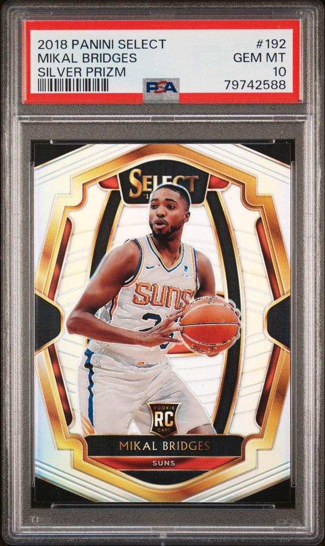 2018 Panini Select Mikal Bridges #192 Silver Prizm PSA 10 Graded Card: 2018 Panini Select Mikal Bridges #192 Silver Prizm PSA 10 Graded Card This is a graded 2018 Panini Select Mikal Bridges #192 Silver Prizm Basketball Card, rated PSA 10. The card features Mikal Bridges