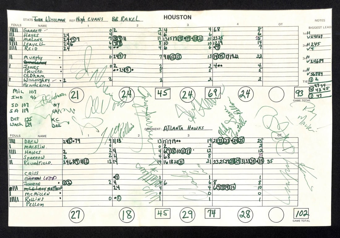 1981 Hawks vs Rockets Official Signed Score Sheet with 12 Signatures (1 of 2)