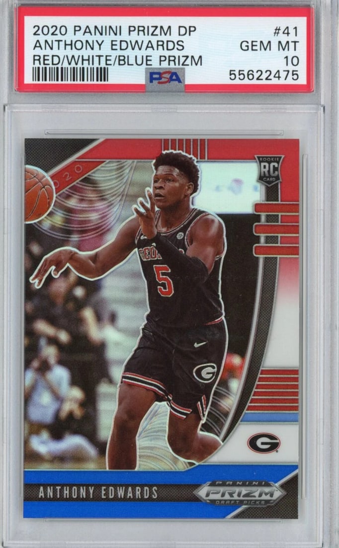 2020-21 Panini Prizm Anthony Edwards PSA 10 Red White Blue Rookie Card: 2020-21 Panini Prizm Anthony Edwards PSA 10 Red White Blue Rookie Card This graded 2020-21 Panini Prizm Anthony Edwards Rookie Card features a stunning Red, White, and Blue Prizm parallel design. Auth