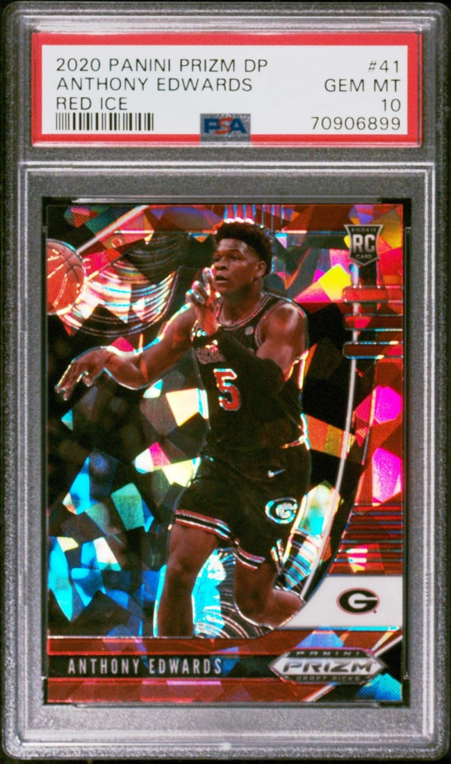 2020 Panini Prizm Anthony Edwards #41 Red Ice Rookie Card PSA 10: 2020 Panini Prizm Anthony Edwards #41 Red Ice Rookie Card PSA 10 This is a graded 2020 Panini Prizm Anthony Edwards #41 Red Ice RC Basketball Card, receiving a perfect PSA 10 grade. The card is encaps