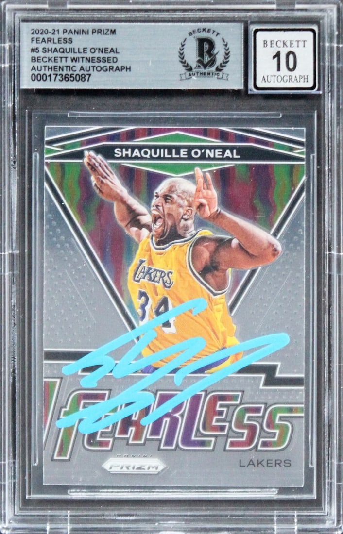 2020 Prizm Fearless #5 Card Signed by Shaquille O'Neal Beckett Auto 10: 2020 Prizm Fearless #5 Card Signed by Shaquille O'Neal Beckett Auto 10 This 2020 Panini Prizm Fearless #5 trading card features a hand-signed autograph from Shaquille O'Neal of the Los Angeles Lakers.