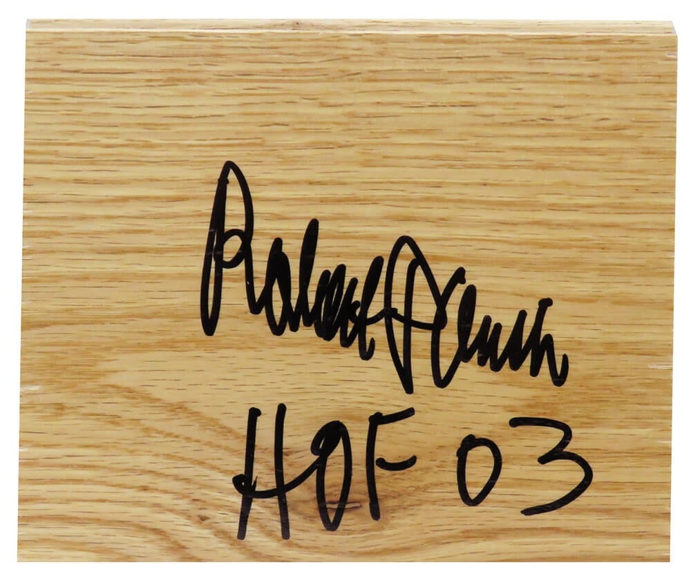 Robert Parish Signed 5x6 Celtics Floor Piece with HOF 03 COA: Robert Parish Signed 5x6 Celtics Floor Piece with HOF 03 COA This is a remarkable signed floor piece measuring 5x6 inches, featuring the legendary Robert Parish of the Boston Celtics. The piece is ins