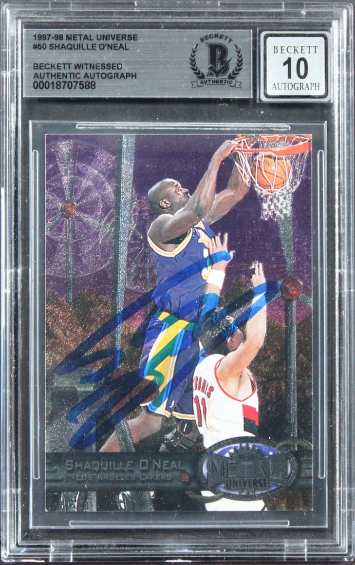 Shaquille O'Neal 1997 Metal Universe Card Beckett Authenticated Auto Grade 10: Shaquille O'Neal 1997 Metal Universe Card Beckett Authenticated Auto Grade 10 This is an original 1997 Metal Universe #50 basketball card featuring Shaquille O'Neal of the Los Angeles Lakers. The card