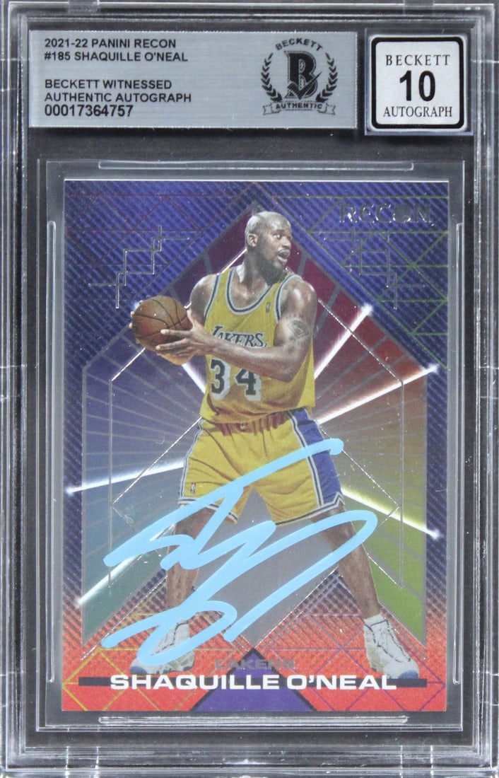 Shaquille O'Neal Signed 2021 Panini Recon #185 Gem Mint 10 Card Beckett: Shaquille O'Neal Signed 2021 Panini Recon #185 Gem Mint 10 Card Beckett This is a remarkable collectible for basketball enthusiasts: a 2021 Panini Recon #185 card, personally signed by the legendary S