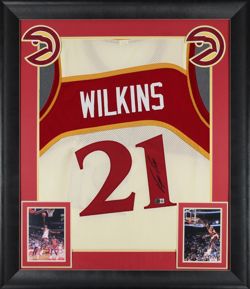 Framed Cream Jersey Signed by Dominique Wilkins BAS Witnessed Atlanta Hawks: Framed Cream Jersey Signed by Dominique Wilkins BAS Witnessed Atlanta Hawks This professionally framed cream pro style jersey has been personally signed by Dominique Wilkins of the Atlanta Hawks. The 