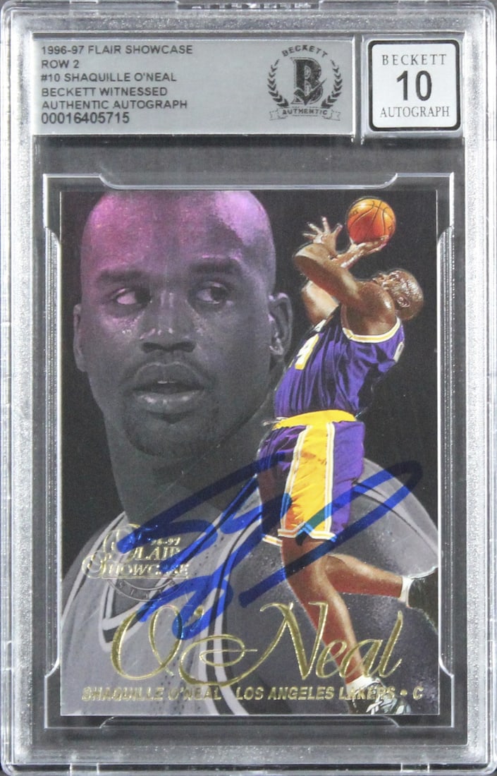 Shaquille O'Neal Signed 1996 Flair Showcase Card Gem Mint 10 Beckett Authenticated: Shaquille O'Neal Signed 1996 Flair Showcase Card Gem Mint 10 Beckett Authenticated This 1996 Flair Showcase Row 2 #10 card features the legendary Shaquille O'Neal, personally signed by the former Los 