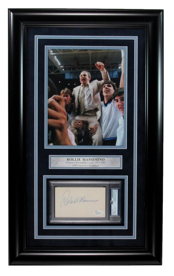 Framed Rollie Massimino Autographed Villanova Index Card and Photo PSA DNA: Framed Rollie Massimino Autographed Villanova Index Card and Photo PSA DNA This offering features a Rollie Massimino signed 3x5 index card and photo, beautifully framed for display. The item is authen