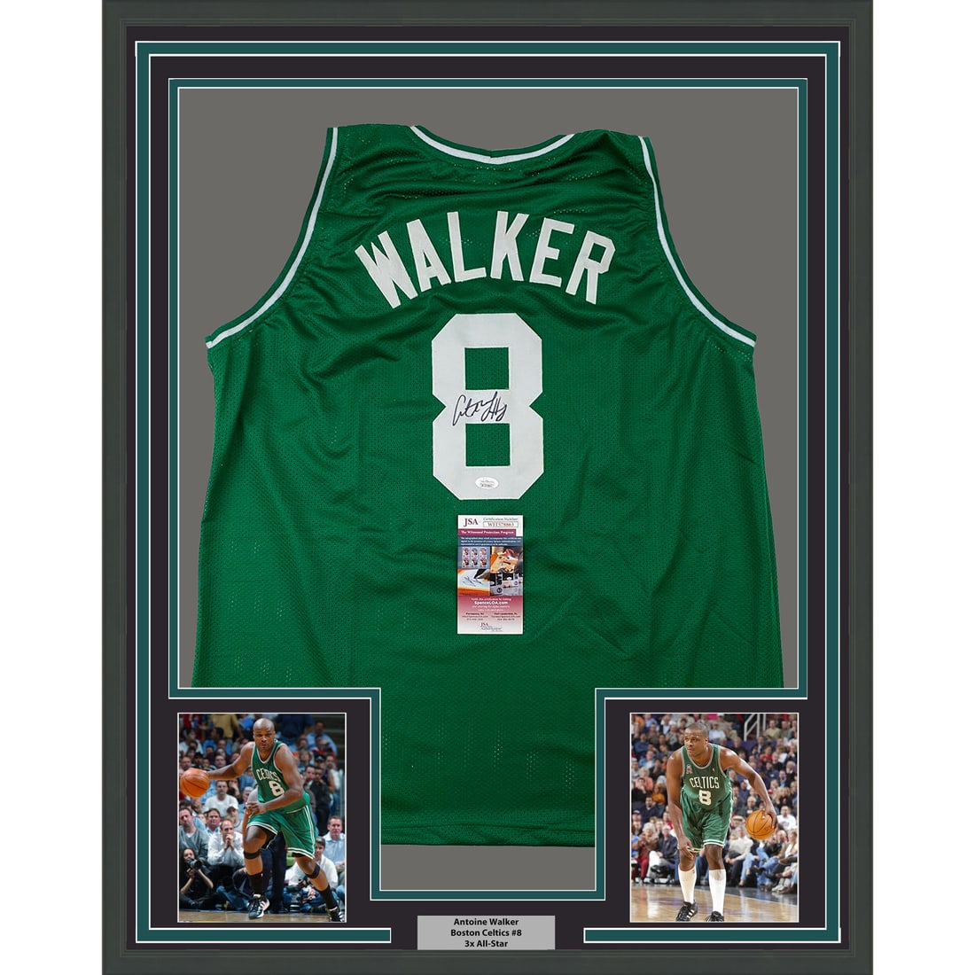 Framed Autographed Antoine Walker Boston Green Jersey 33x42 JSA COA: Framed Autographed Antoine Walker Boston Green Jersey 33x42 JSA COA This impressive framed and autographed Antoine Walker Boston Green Jersey is a must-have for basketball enthusiasts. The jersey feat