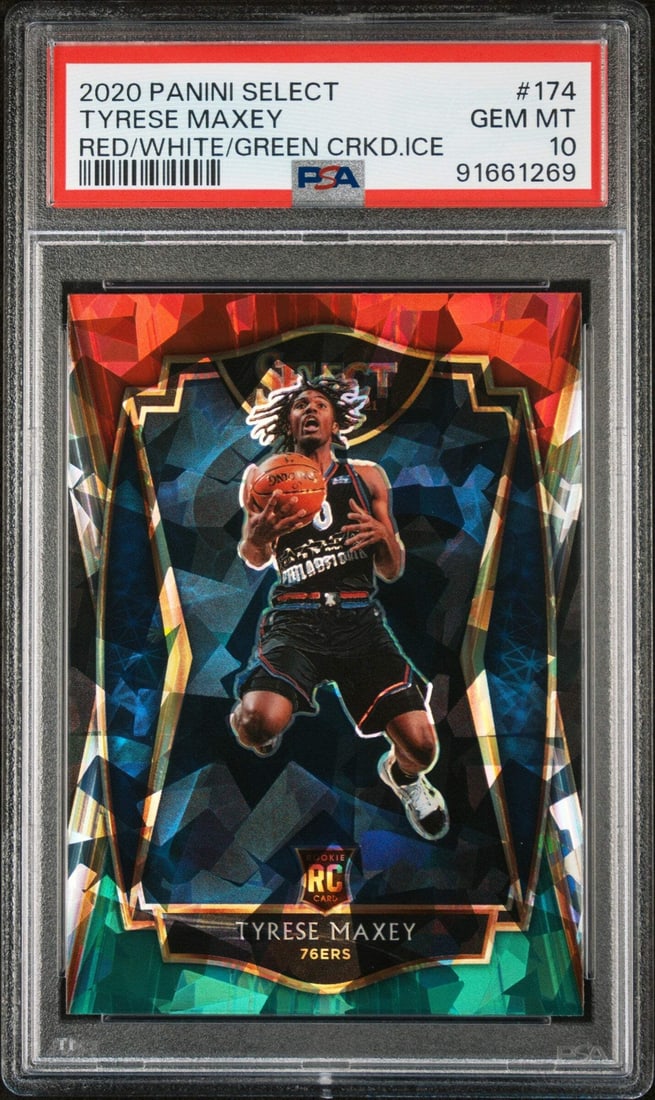 2020 Select Tyrese Maxey #174 Red/White/Green Ice Basketball Card PSA 10: 2020 Select Tyrese Maxey #174 Red/White/Green Ice Basketball Card PSA 10 This is a 2020 Select Tyrese Maxey #174 Red/White/Green Ice Basketball Card, graded PSA 10. The card is encapsulated and authen