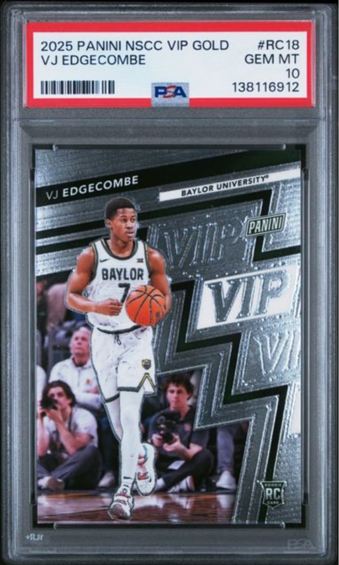 PSA 10 VJ Edgecombe 2025 Panini NSCC Gold Rookie Card #RC18: PSA 10 VJ Edgecombe 2025 Panini NSCC Gold Rookie Card #RC18 This is an original 2025 Panini NSCC VIP Gold #RC18 Rookie RC card featuring VJ Edgecombe of the Philadelphia 76ers. The card has been profe