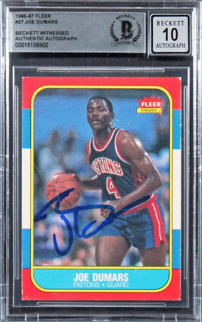 Joe Dumars Signed 1986 Fleer #27 Card Gem Mint 10 Beckett Authenticated: Joe Dumars Signed 1986 Fleer #27 Card Gem Mint 10 Beckett Authenticated This authentic signed 1986 Fleer #27 card features the legendary Joe Dumars of the Detroit Pistons. Graded Gem Mint 10, this car