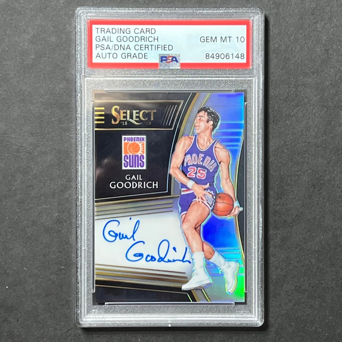 2018-19 Panini Select Gail Goodrich Signed Card AUTO GRADE 10 PSA Authenticated: 2018-19 Panini Select Gail Goodrich Signed Card AUTO GRADE 10 PSA Authenticated This listing features a 2018-19 Panini Select #SG-GGR card signed by basketball legend Gail Goodrich. The autograph has 