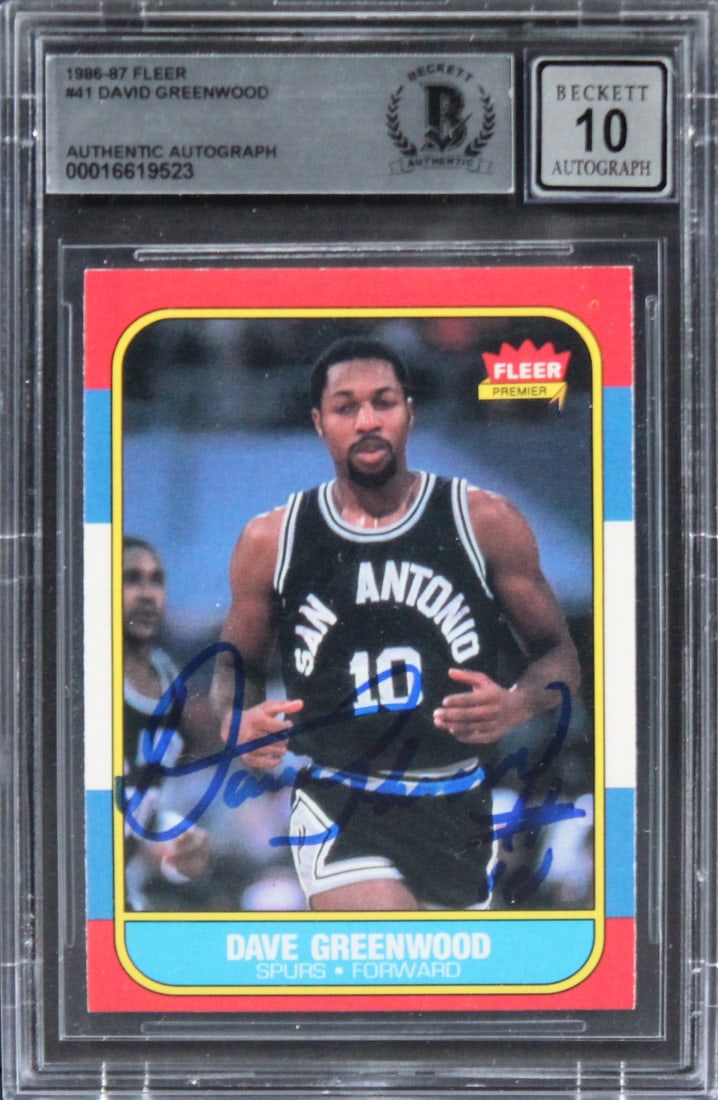 David Greenwood Signed 1986 Fleer Card Beckett Gem Mint 10 San Antonio Spurs (1 of 2)