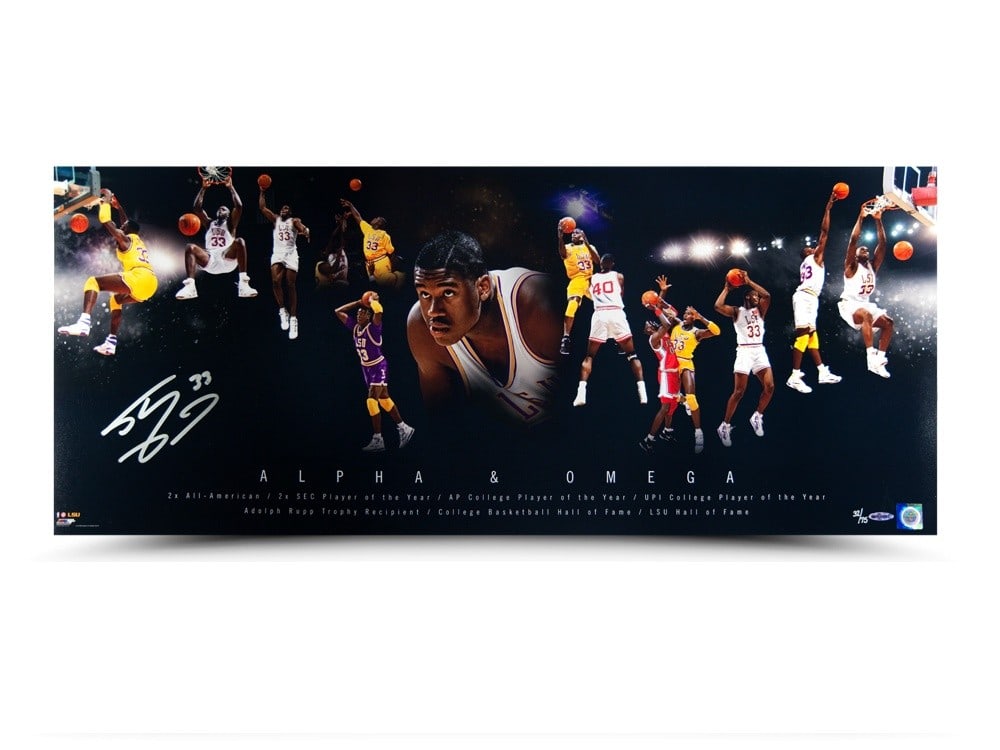 Shaquille O'Neal Autographed LSU Photo Limited Edition #/75: Shaquille O'Neal Autographed LSU Photo Limited Edition #/75 This is an original, autographed photo of basketball legend Shaquille O'Neal, featuring the striking title "Alpha and Omega." Measuring 36 i