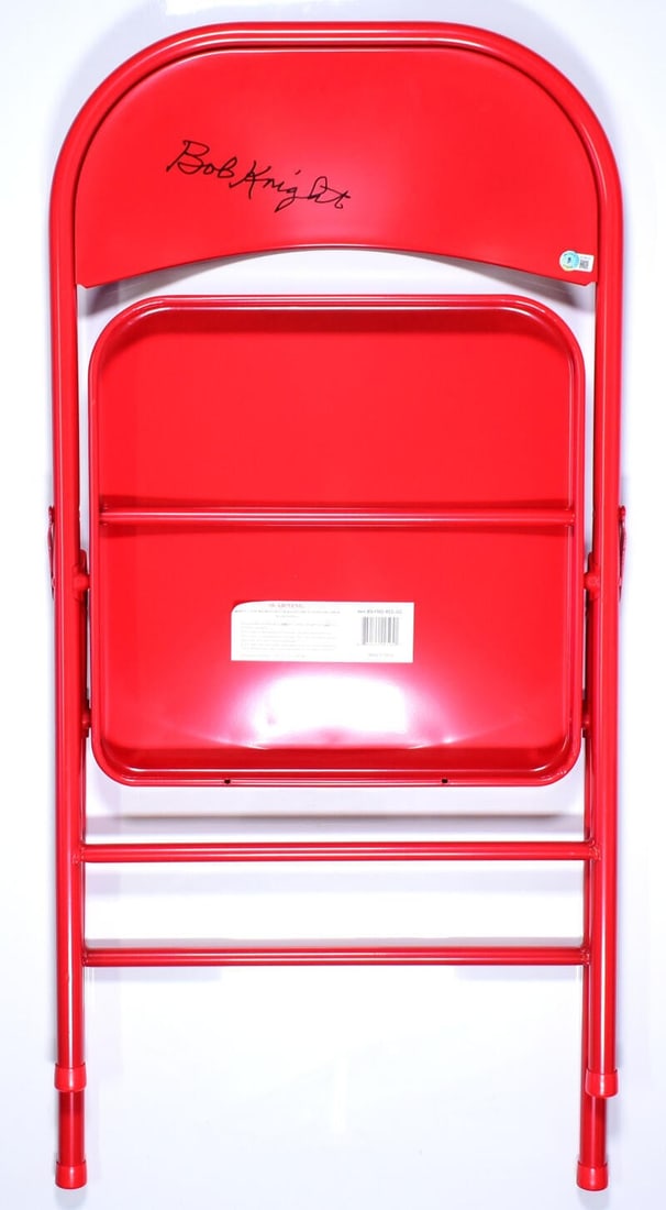 Red Chair Signed by Bob Knight with Beckett Witnessed Hologram: Red Chair Signed by Bob Knight with Beckett Witnessed Hologram This is a pre-owned red chair autographed by Bob Knight, notable for his contributions to basketball. The chair comes with a Beckett W ho