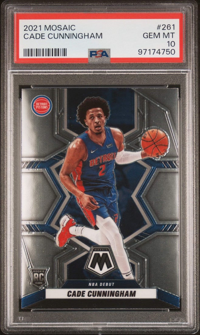 2021 Panini Mosaic Cade Cunningham Rookie Card PSA 10 Graded NBA: 2021 Panini Mosaic Cade Cunningham Rookie Card PSA 10 Graded NBA This is a 2021 Panini Mosaic Cade Cunningham #261 Rookie RC Basketball Card graded PSA 10, encapsulated by the Professional Sports Auth