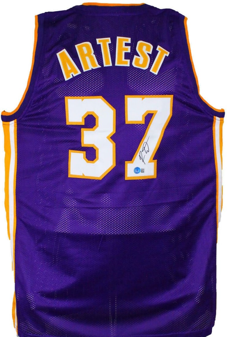 Ron Artest signed Los Angeles Lakers purple Beckett hologram jersey: Ron Artest signed Los Angeles Lakers purple Beckett hologram jersey This is a pre-owned purple Los Angeles Lakers jersey autographed by Ron Artest. The autograph is authenticated by Beckett and includ