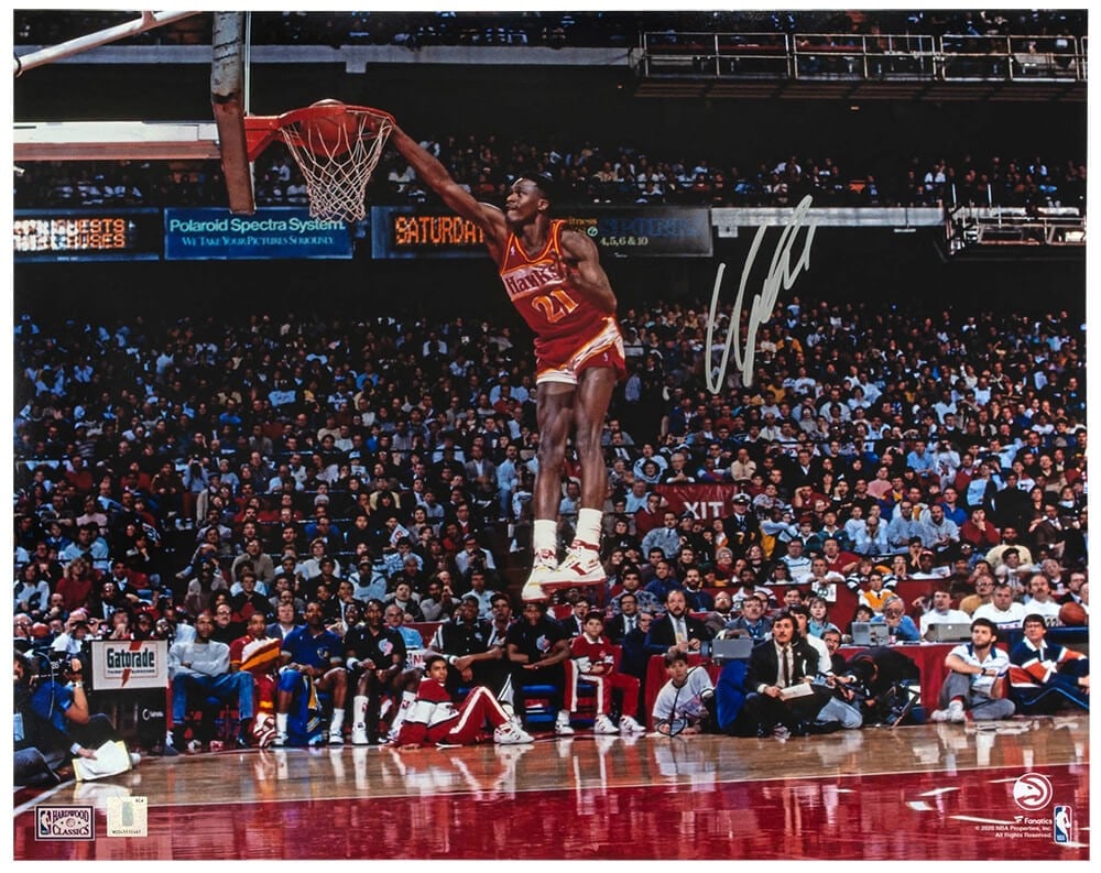 Dominique Wilkins Signed 16x20 Atlanta Hawks Dunk Photo with COA: Dominique Wilkins Signed 16x20 Atlanta Hawks Dunk Photo with COA Capture a moment in basketball history with this Dominique Wilkins signed 16x20 photo showcasing his iconic one-hand dunk. This origina