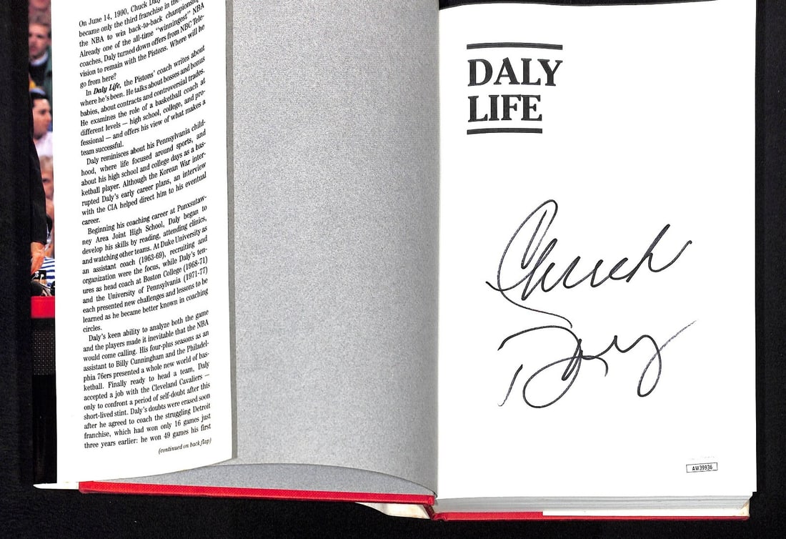 Chuck Daly Autographed Daly Life Book JSA Detroit Pistons: Chuck Daly Autographed Daly Life Book JSA Detroit Pistons This is a pre-owned hardcover book titled "Daly Life" autographed by Chuck Daly, the renowned basketball coach of the Detroit Pistons. The boo