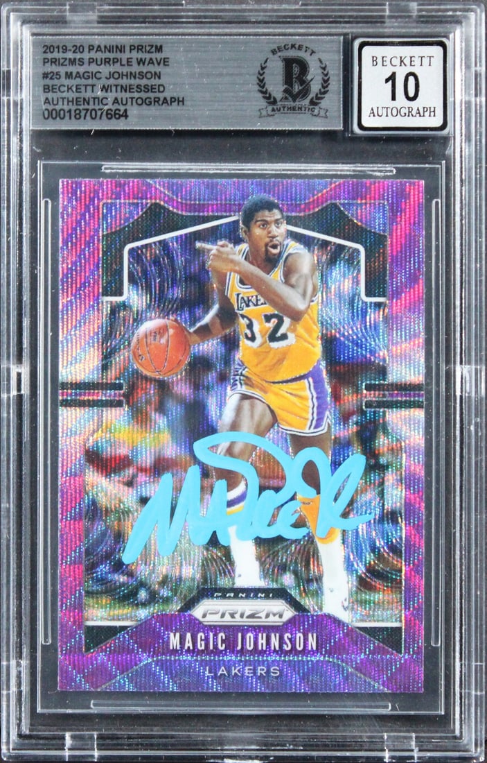 Magic Johnson Auto 10 Beckett 2019 Prizm Purple Wave Lakers Card #25 Slabbed: Magic Johnson Auto 10 Beckett 2019 Prizm Purple Wave Lakers Card #25 Slabbed This 2019 Panini Prizm Prizms Purple Wave #25 trading card features Magic Johnson of the Los Angeles Lakers and has been pe