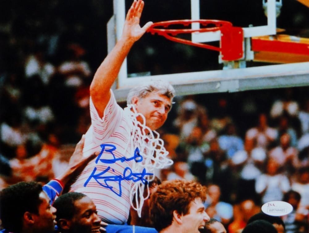 Signed Indiana Hoosiers 8x10 Basketball Photo JSA Auth Blue: Signed Indiana Hoosiers 8x10 Basketball Photo JSA Auth Blue This is an original 8x10 photograph featuring Bob Knight cutting down the net, autographed in blue ink. The photo is authenticated by JSA wi