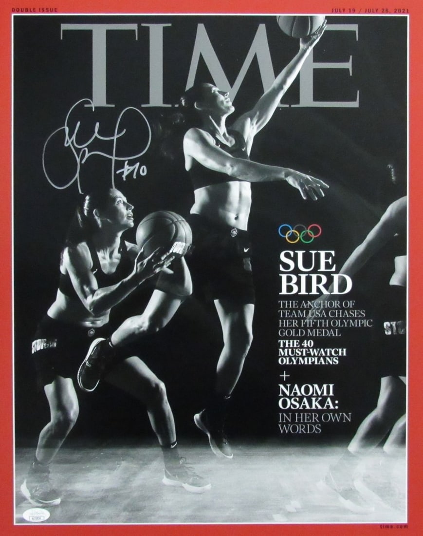 Sue Bird Autographed 16x20 TIME Magazine Cover Team USA JSA Certified: Sue Bird Autographed 16x20 TIME Magazine Cover Team USA JSA Certified This offering features a Sue Bird autographed 16x20 photo of the TIME Magazine cover, celebrating her achievements with Team USA i