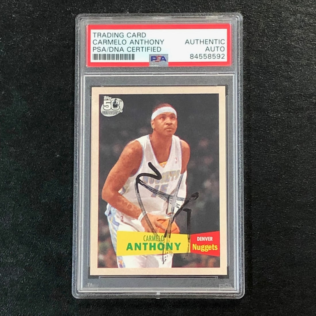 2007-08 Topps Carmelo Anthony Signed Card PSA/DNA Slabbed: 2007-08 Topps Carmelo Anthony Signed Card PSA/DNA Slabbed This 2007-08 Topps 50th Anniversary #15 card features the signature of Carmelo Anthony, a prominent player known for his time with the Denver 