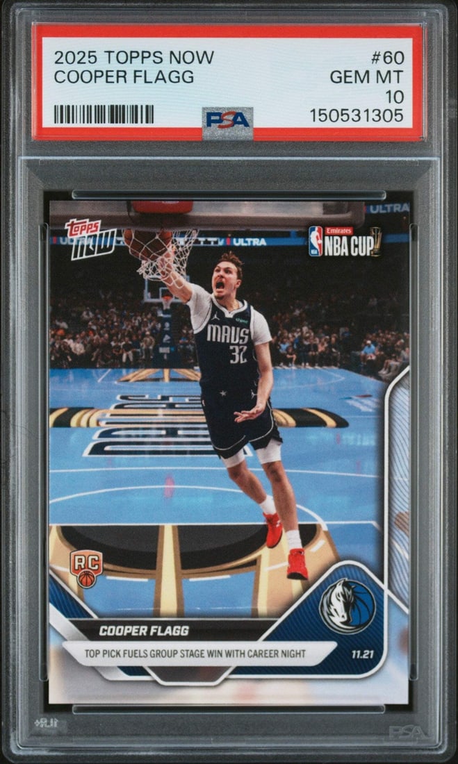 PSA 10 Gem Mint 2025 Rookie Cooper Flagg Topps Now Card #60 Dallas Mavericks: PSA 10 Gem Mint 2025 Rookie Cooper Flagg Topps Now Card #60 Dallas Mavericks This is an original 2025 Topps Now Cooper Flagg #60 Rookie RC basketball card, professionally graded by PSA as Gem Mint 10.