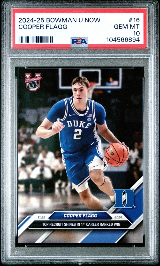 PSA 10 Cooper Flagg 2024 Bowman U Now #16 Rookie Basketball Card: PSA 10 Cooper Flagg 2024 Bowman U Now #16 Rookie Basketball Card This is an original 2024 Topps Bowman U Now Cooper Flagg #16 rookie basketball card, featuring Cooper Flagg of the Duke Blue Devils. Th