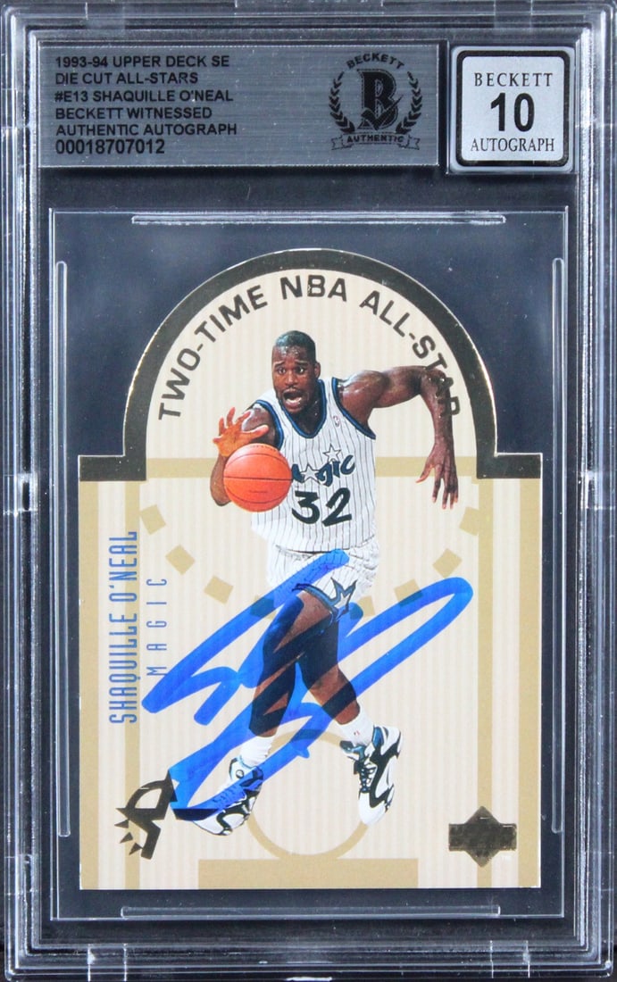 Shaquille O'Neal 1993 Upper Deck SE Die Cut AS Card BAS Auto 10 Slabbed: Shaquille O'Neal 1993 Upper Deck SE Die Cut AS Card BAS Auto 10 Slabbed This 1993 Upper Deck SE Die Cut All-Stars #E13 basketball card features the authentic autograph of Shaquille O'Neal from the Orl