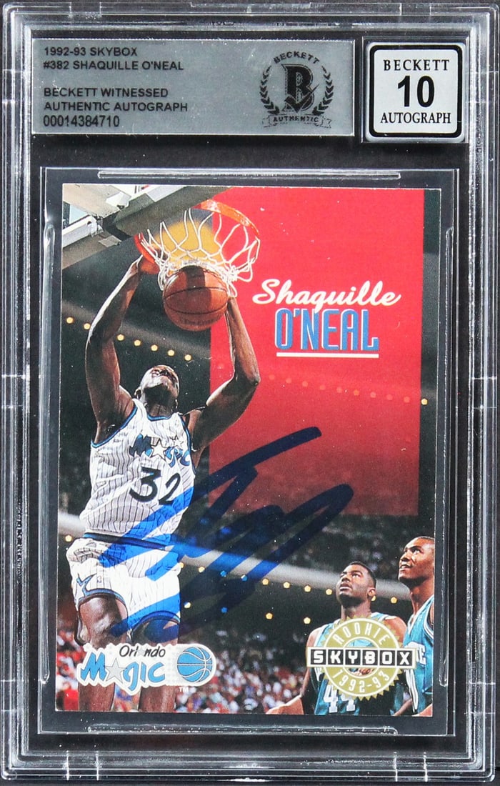 Shaquille O'Neal 1992 Skybox #382 Rookie Auto Beckett Slabbed Gem Mint 10: Shaquille O'Neal 1992 Skybox #382 Rookie Auto Beckett Slabbed Gem Mint 10 This is an original 1992 Skybox #382 rookie card personally signed by Shaquille O'Neal of the Orlando Magic. The card features