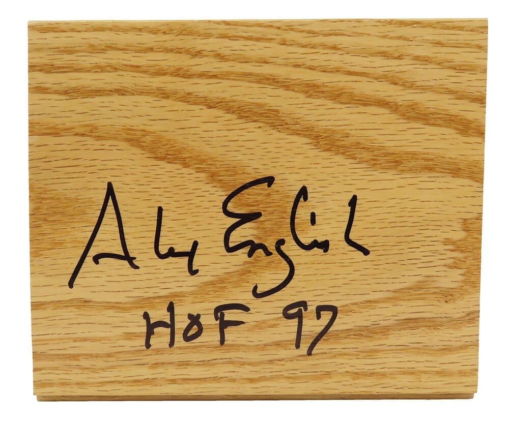 Alex English Signed 5x6 Floor Piece HOF 97 with COA: Alex English Signed 5x6 Floor Piece HOF 97 with COA This is a remarkable signed 5x6 floor piece featuring Alex English, a celebrated player of the Denver Nuggets, inscribed with 'HOF 97' to commemorat