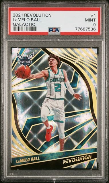 LaMelo Ball 2021 Panini Revolution Galactic Card #1 PSA 9 Graded: LaMelo Ball 2021 Panini Revolution Galactic Card #1 PSA 9 Graded This is a 2021 Panini Revolution Galactic basketball card featuring LaMelo Ball, a standout player for the Charlotte Hornets in the NBA